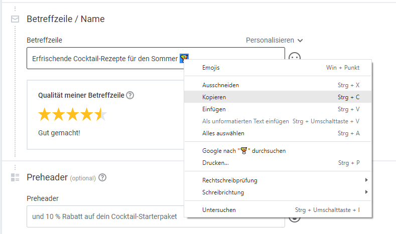 Emoticon kopieren und in den Newsletter einfügen