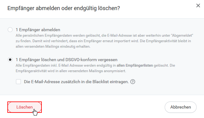 Empfänger E-Mail Adresse DSGVO-konform löschen