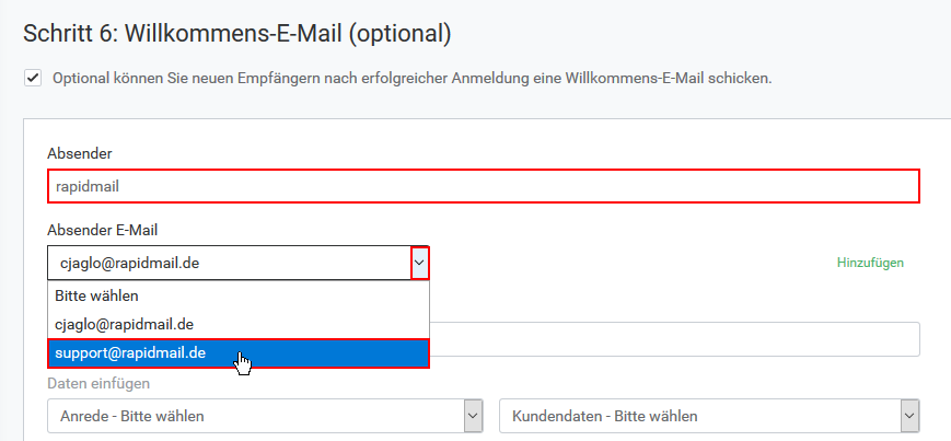 rapidmail Newsletter Anmelde- und Abmeldeformular: Absender-Adresse von Bestätigungs-, Willkommens- oder Verabschiedungsmail ändern
