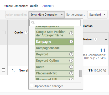 Kampagne als sekundäre Dimension auswählen