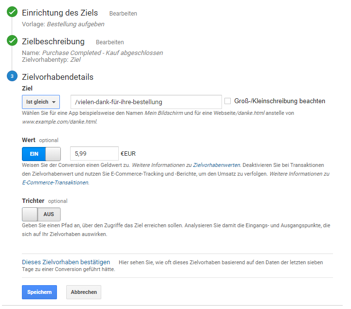 Zielvorhaben für Newsletter-Umsatz in Google Analytics anlegen