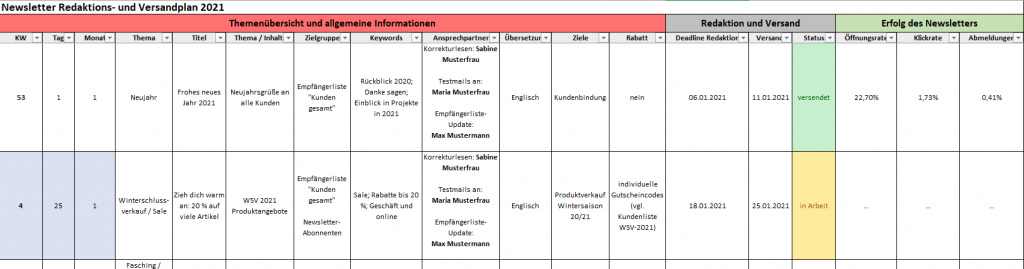 Newsletter Redaktionsplan 2021 Vorlage