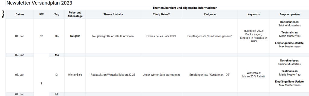 Newsletter-Versandplan für 2023