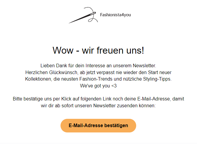 Beispiel für eine Double Opt-in Bestätigungsmail zur DSGVO-konformen Einholung der Empfängereinwilligung