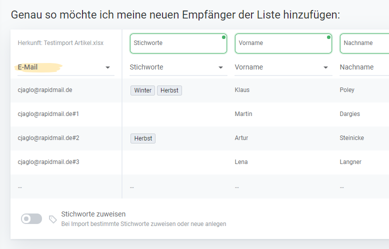 Newsletter-Empfänger hinzufügen - Stichworte aus Datei