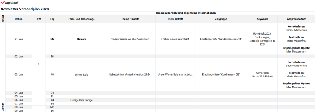 Newsletter Versandplan 2024 I rapidmail