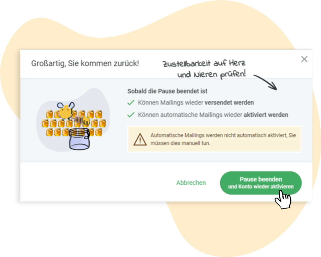 Ende der Pause vor dem Versand bestätigen