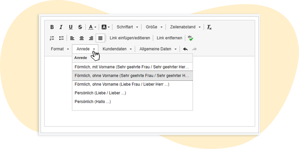 Auswahloptionen für die personalisierte Anrede im rapidmail Mailing-Editor