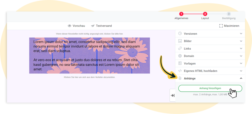 Anhang zum Mailing hinzufügen: Option 1