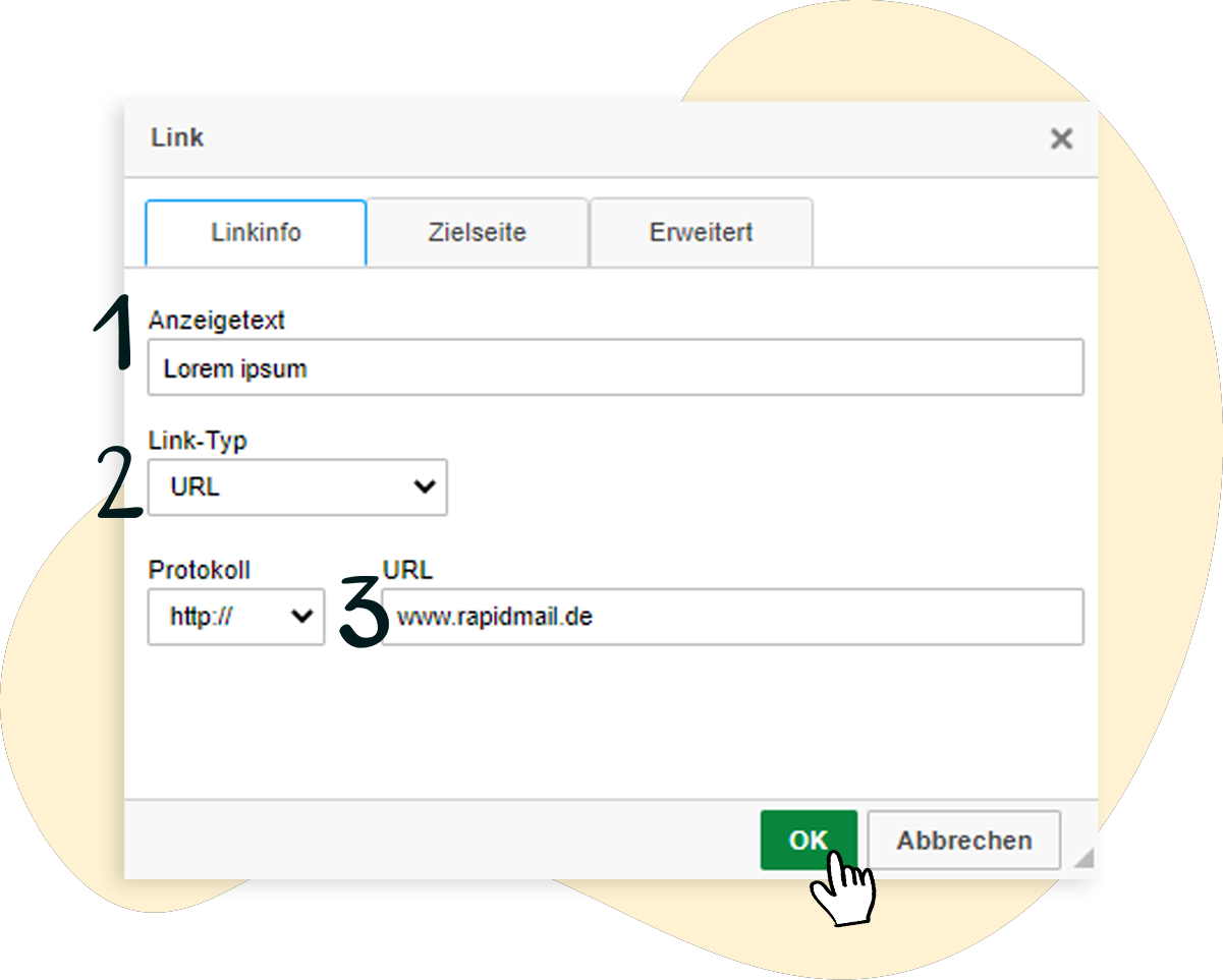 Das Fenster "Link" wird erklärt: Anzeigetext, Link-Typ, URL