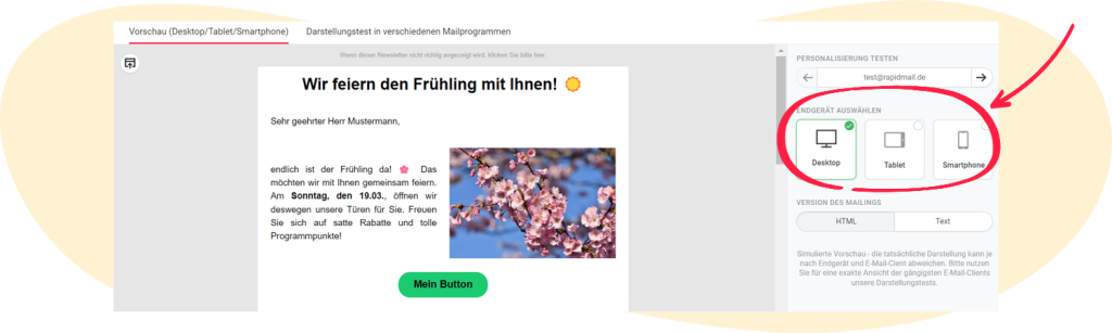 Vorschaufunktion: Verschiedene Endgeräte testen