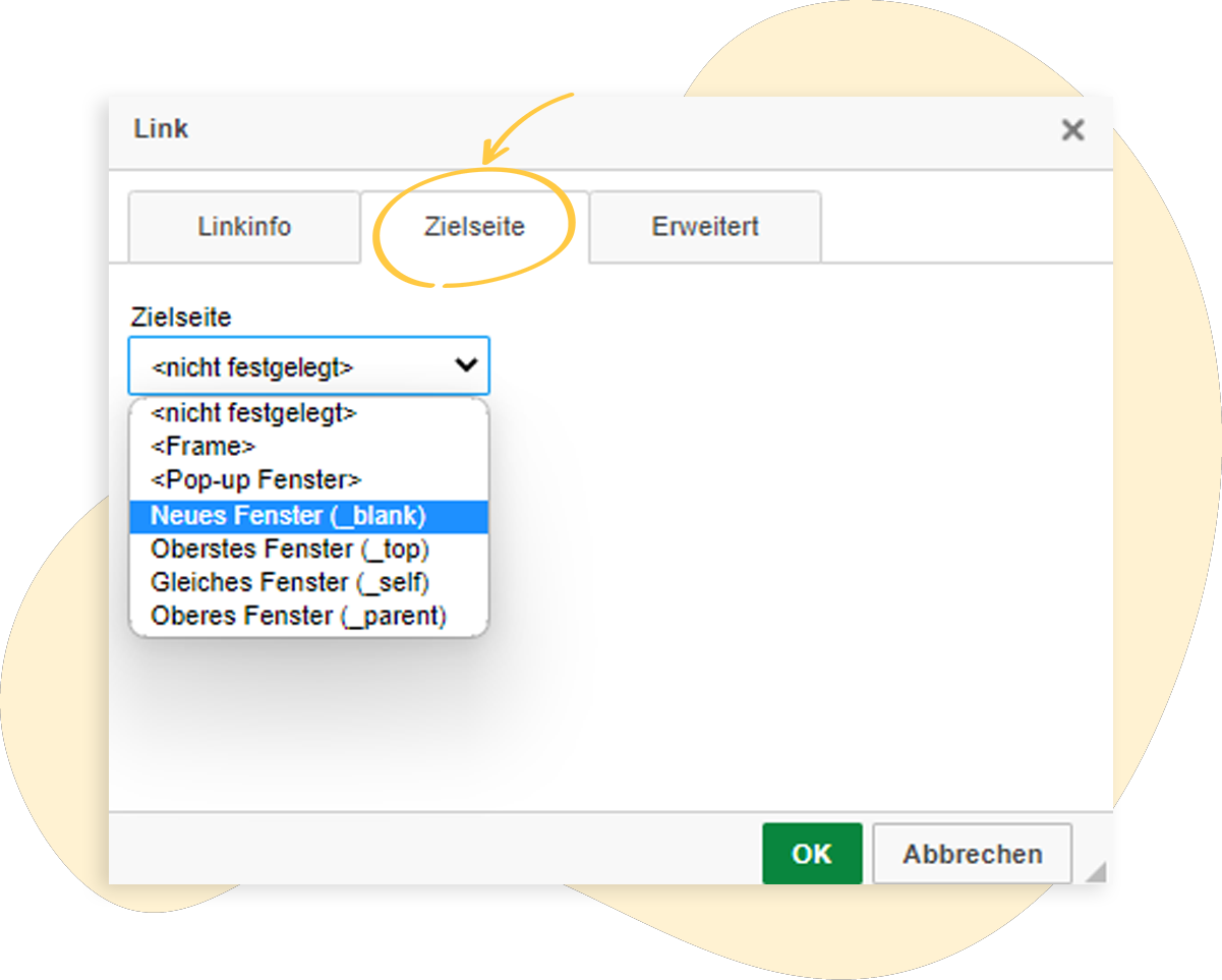 Die Zielseite bei Links kann eingestellt werden