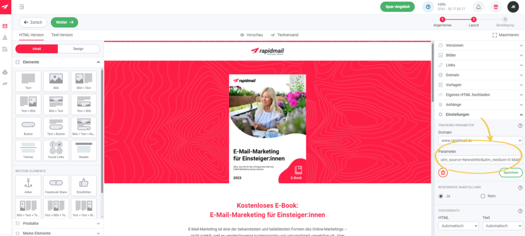 UTM_Parameter an Newsletter hängen im rapidmail Editor