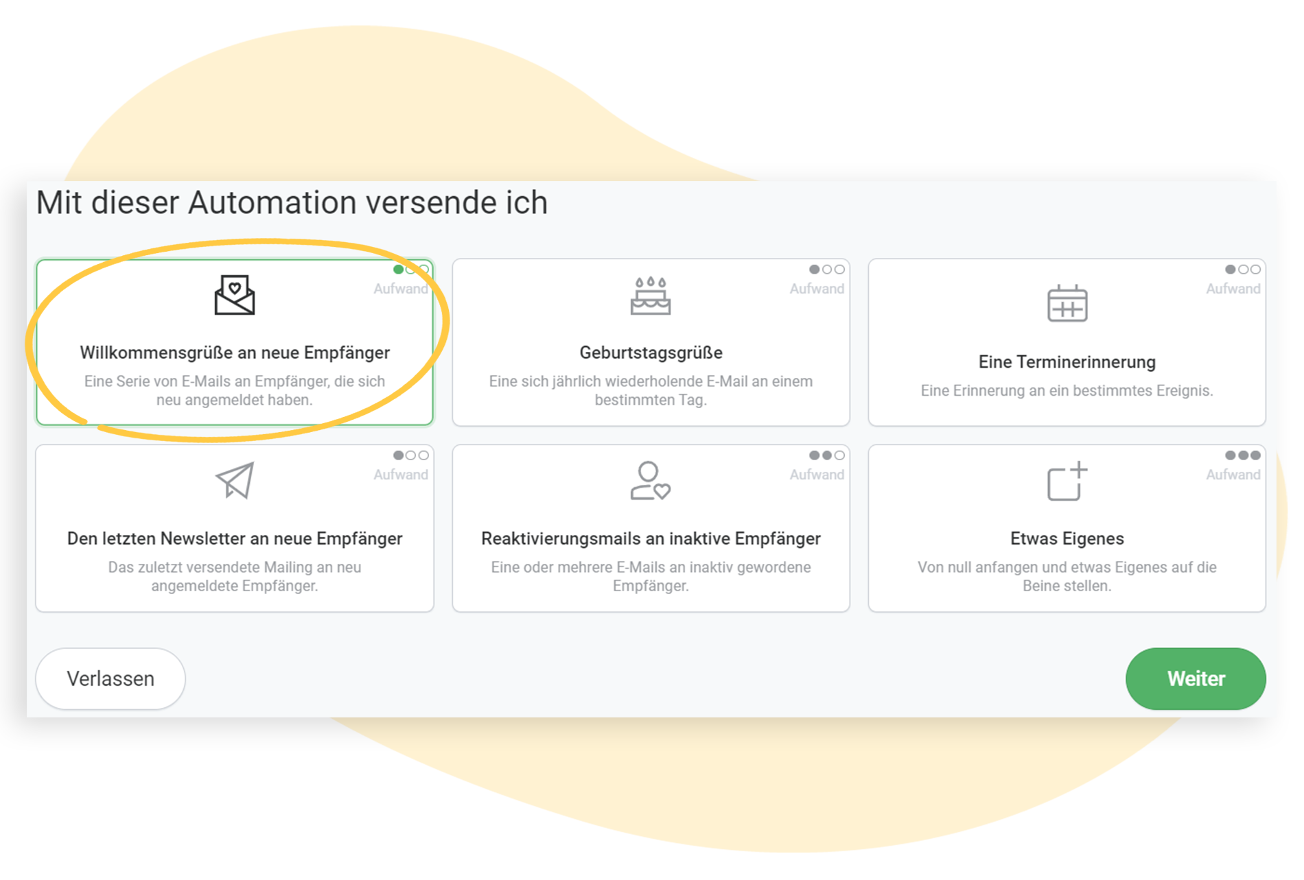 Auswahl des Use Case "Willkommensgrüße an neue Empfänger senden"