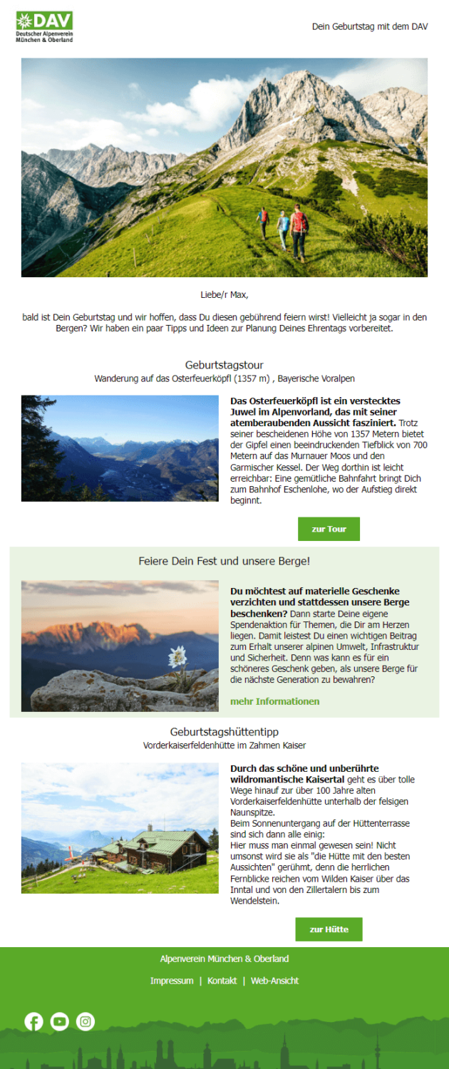 Beispiel einer Geburtstags-Drip-Kampagne bestehend aus einer E-Mail vor und einer am Geburtstag