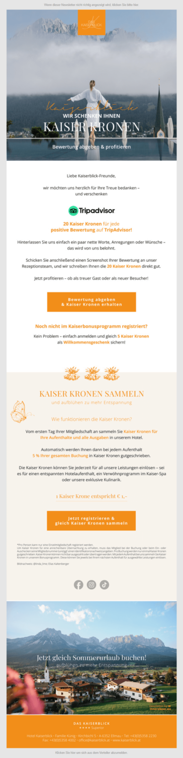Barrierefreies Newsletter-Beispiel von Hotel Kaiserblick mit klar beschrifteten Call-to-Action-Buttons