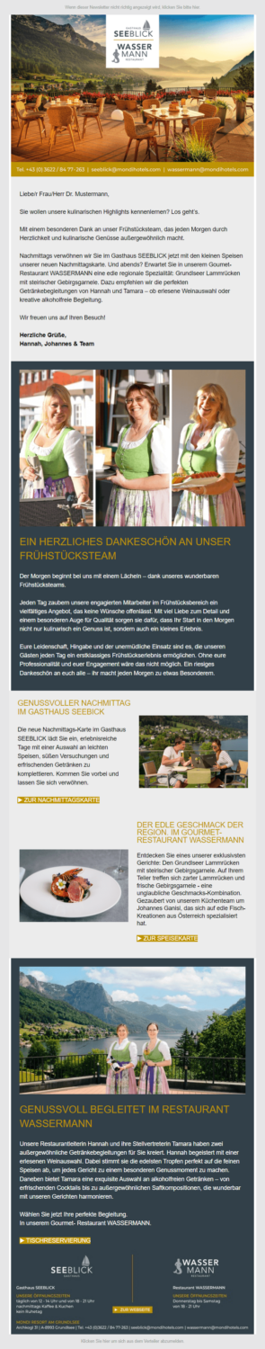 Beispiel für einen barrierefreien Newsletter: Das Gasthaus SEEBLICK und das Restaurant WASSERMANN